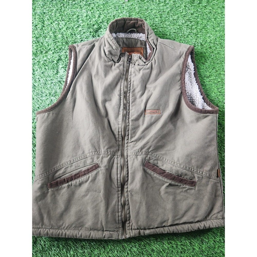 Wrangler Hero Vest Mens M‎ Green Canvas Sherpa Lined Full Zip Workwear Outdoor